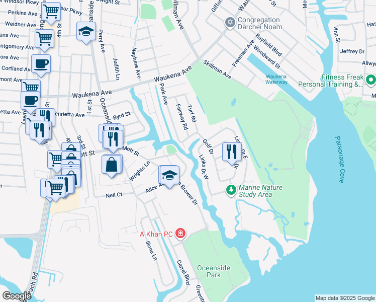 map of restaurants, bars, coffee shops, grocery stores, and more near 305 Links Drive West in Oceanside