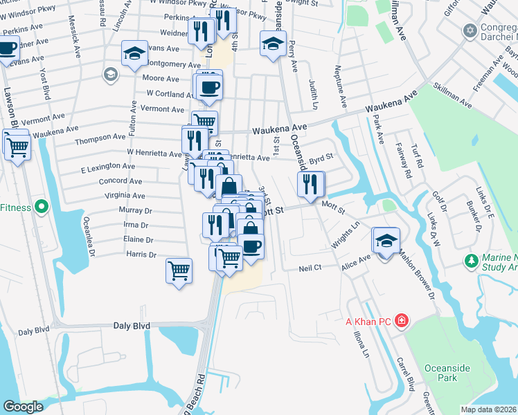 map of restaurants, bars, coffee shops, grocery stores, and more near 45 Mott Street in Oceanside