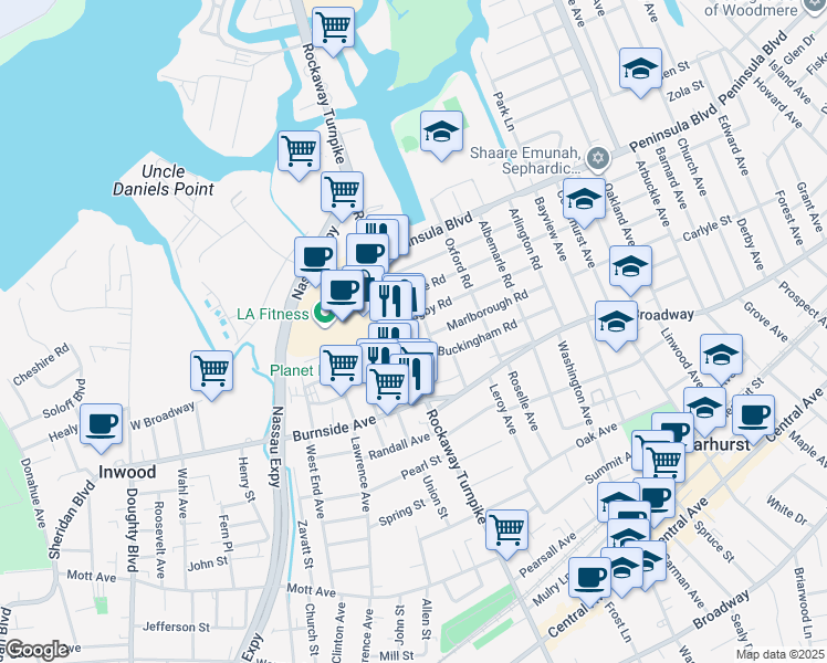 map of restaurants, bars, coffee shops, grocery stores, and more near 309 Buckingham Road in Cedarhurst