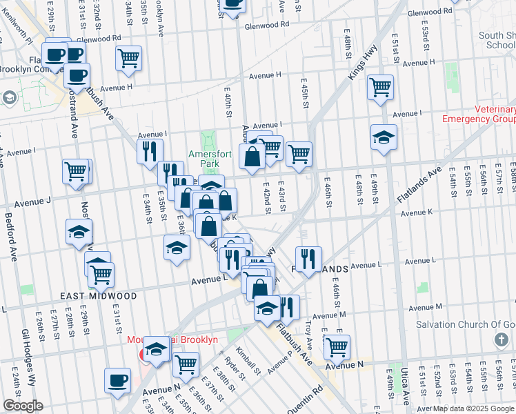 map of restaurants, bars, coffee shops, grocery stores, and more near 1928 Albany Avenue in Brooklyn
