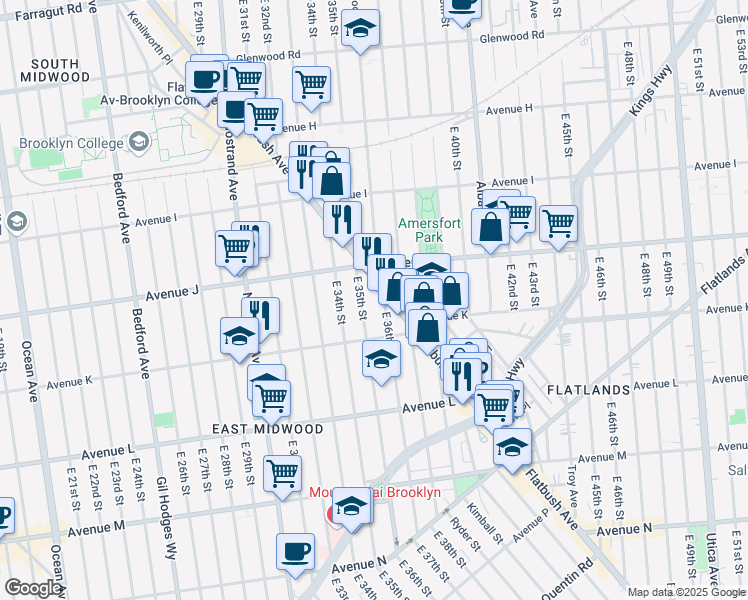 map of restaurants, bars, coffee shops, grocery stores, and more near 1012 East 36th Street in Brooklyn