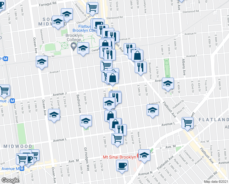 map of restaurants, bars, coffee shops, grocery stores, and more near 2400 Nostrand Avenue in Brooklyn