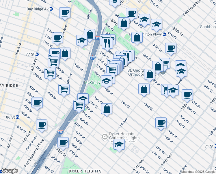 map of restaurants, bars, coffee shops, grocery stores, and more near 7301 Fort Hamilton Parkway in Brooklyn