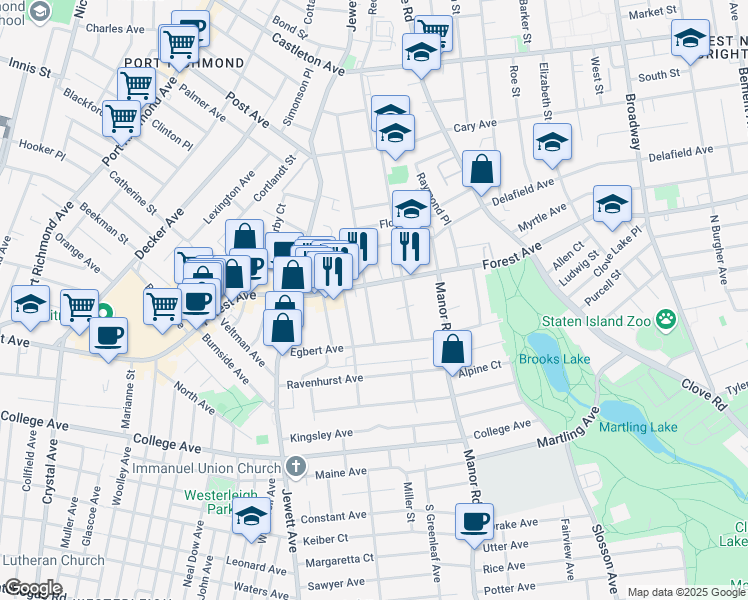 map of restaurants, bars, coffee shops, grocery stores, and more near 204 Dubois Avenue in Staten Island