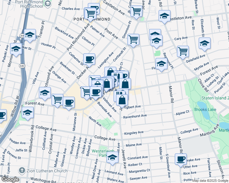 map of restaurants, bars, coffee shops, grocery stores, and more near 1294 Forest Avenue in Staten Island
