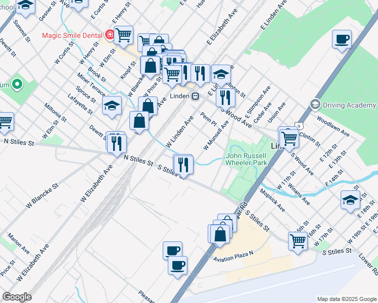 map of restaurants, bars, coffee shops, grocery stores, and more near 301 West Morris Avenue in Linden