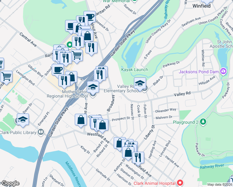 map of restaurants, bars, coffee shops, grocery stores, and more near 93 Valley Road in Clark
