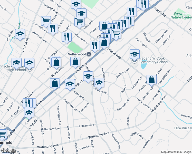 map of restaurants, bars, coffee shops, grocery stores, and more near 626-32 Belvidere Avenue in Plainfield