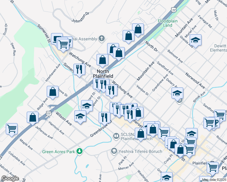 map of restaurants, bars, coffee shops, grocery stores, and more near 11 Regent Street in North Plainfield