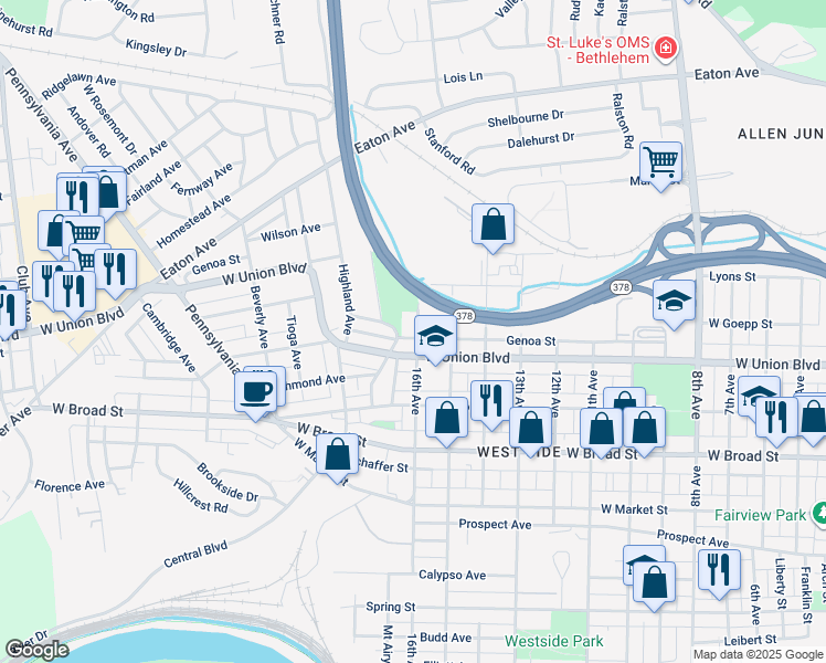 map of restaurants, bars, coffee shops, grocery stores, and more near 1712 West Union Boulevard in Bethlehem