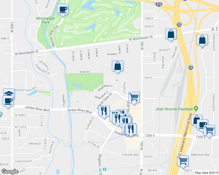 map of restaurants, bars, coffee shops, grocery stores, and more near 6900 Village Haven Lane in Salt Lake City