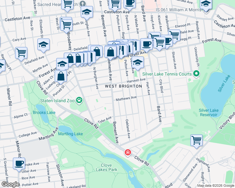 map of restaurants, bars, coffee shops, grocery stores, and more near 627 Bement Avenue in Staten Island