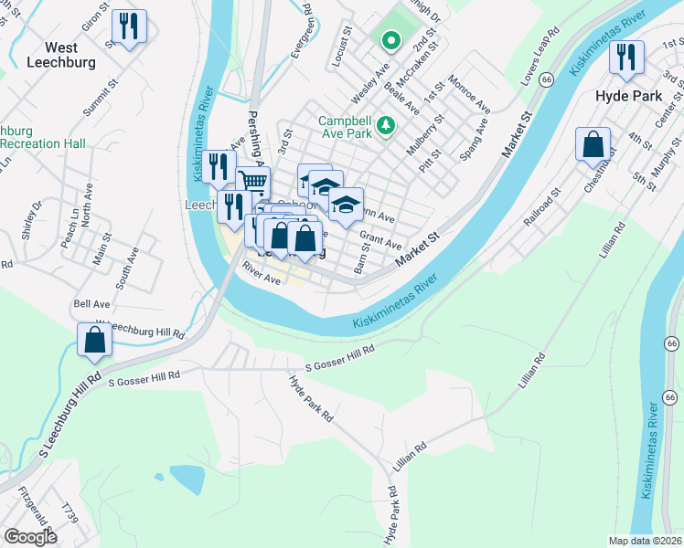 map of restaurants, bars, coffee shops, grocery stores, and more near 303 Market Street in Leechburg