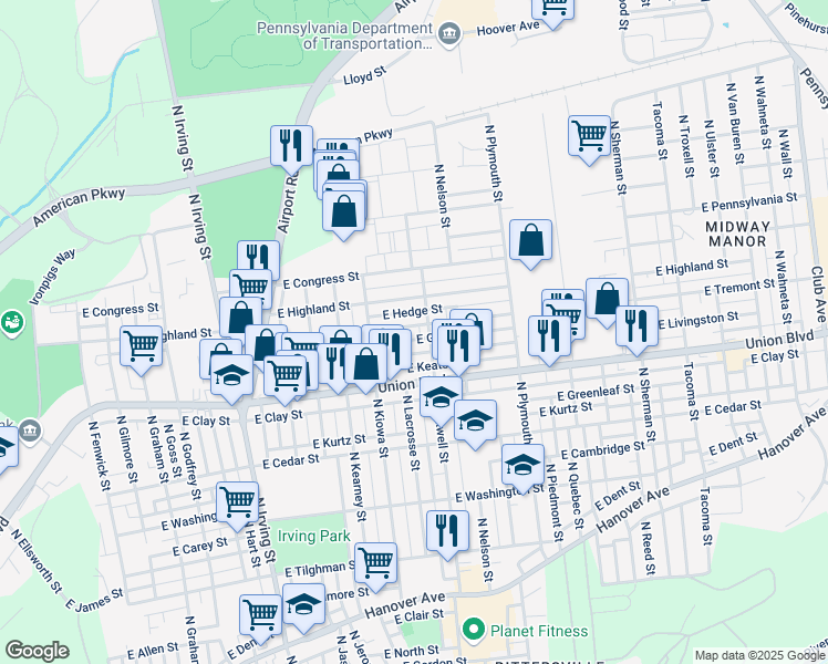 map of restaurants, bars, coffee shops, grocery stores, and more near 1221 East Livingston Street in Allentown