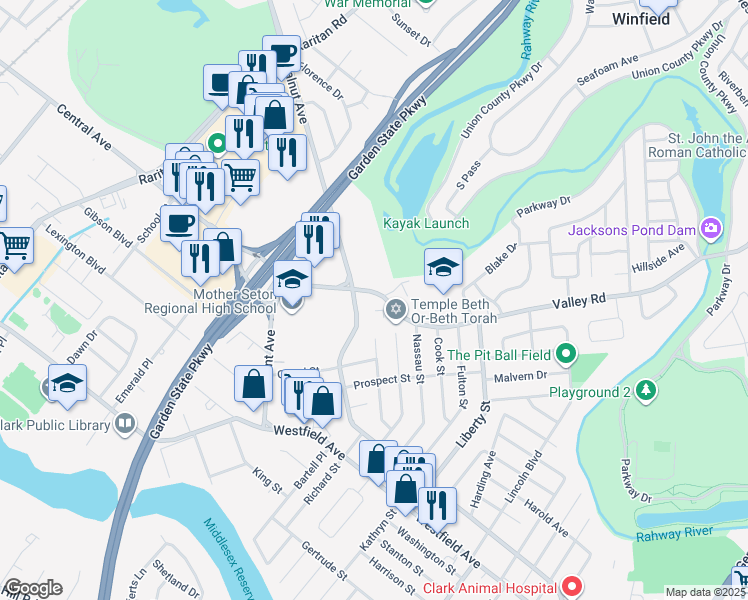 map of restaurants, bars, coffee shops, grocery stores, and more near 93 Valley Road in Clark