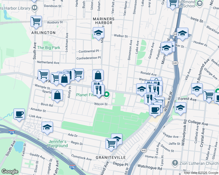 map of restaurants, bars, coffee shops, grocery stores, and more near 1989 Forest Avenue in Staten Island