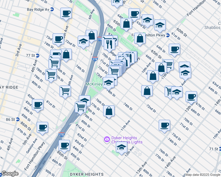 map of restaurants, bars, coffee shops, grocery stores, and more near 7301 Fort Hamilton Parkway in Brooklyn