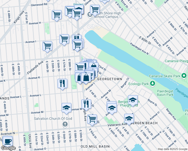 map of restaurants, bars, coffee shops, grocery stores, and more near 2155 Ralph Avenue in Brooklyn