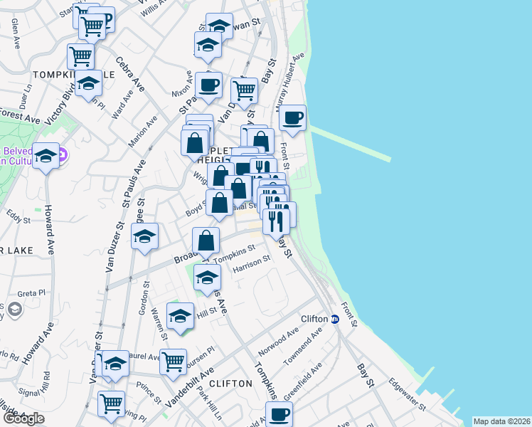 map of restaurants, bars, coffee shops, grocery stores, and more near 61 A Thompson Street in Staten Island