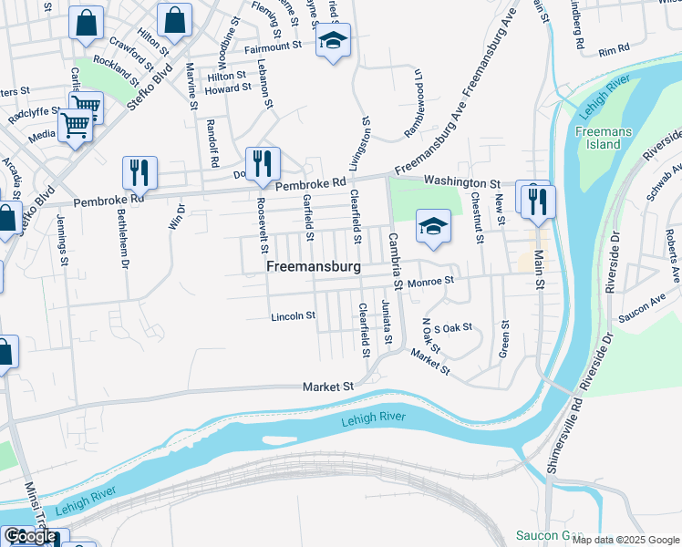 map of restaurants, bars, coffee shops, grocery stores, and more near in Freemansburg