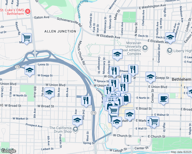 map of restaurants, bars, coffee shops, grocery stores, and more near 231 West Goepp Street in Bethlehem