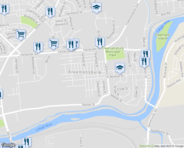 map of restaurants, bars, coffee shops, grocery stores, and more near 824 Kossuth Street in Bethlehem