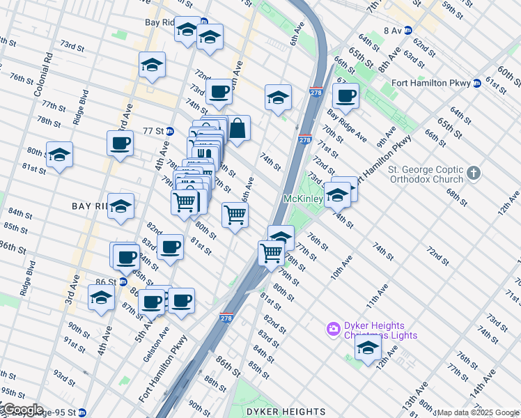 map of restaurants, bars, coffee shops, grocery stores, and more near 618 77th Street in Brooklyn