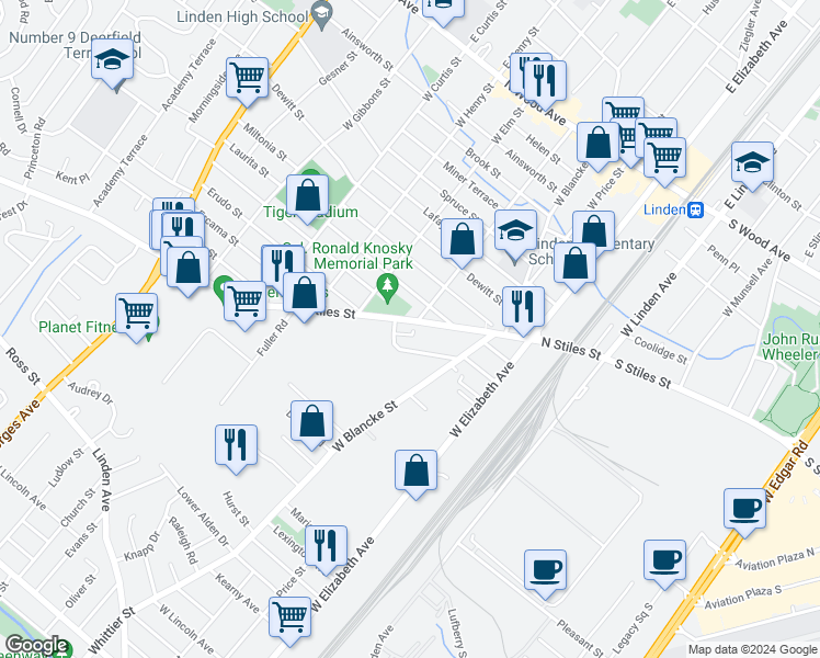 map of restaurants, bars, coffee shops, grocery stores, and more near 407 North Stiles Street in Linden