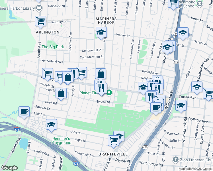 map of restaurants, bars, coffee shops, grocery stores, and more near 1989 Forest Avenue in Staten Island