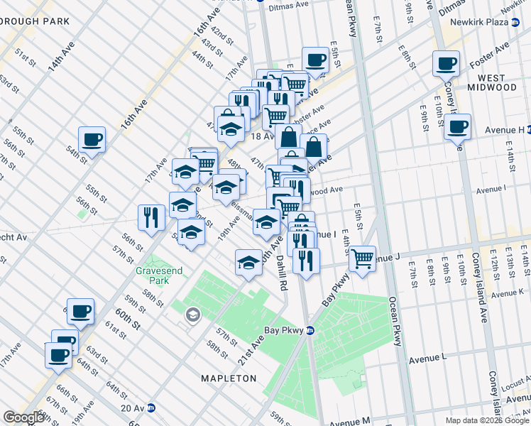map of restaurants, bars, coffee shops, grocery stores, and more near 1919 50th Street in Brooklyn