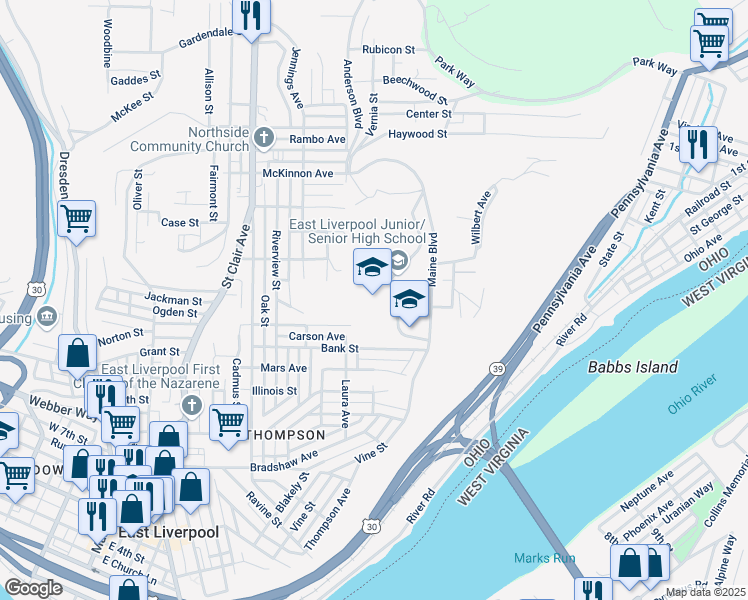 map of restaurants, bars, coffee shops, grocery stores, and more near 90 Maine Boulevard in East Liverpool