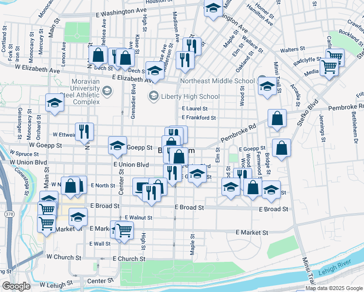 map of restaurants, bars, coffee shops, grocery stores, and more near 902 Linden Street in Bethlehem