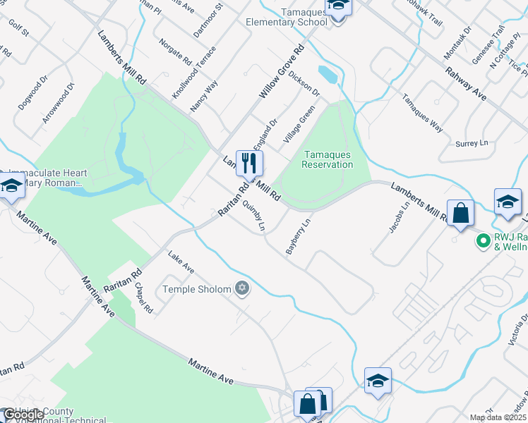 map of restaurants, bars, coffee shops, grocery stores, and more near 1887 Quimby Lane in Scotch Plains