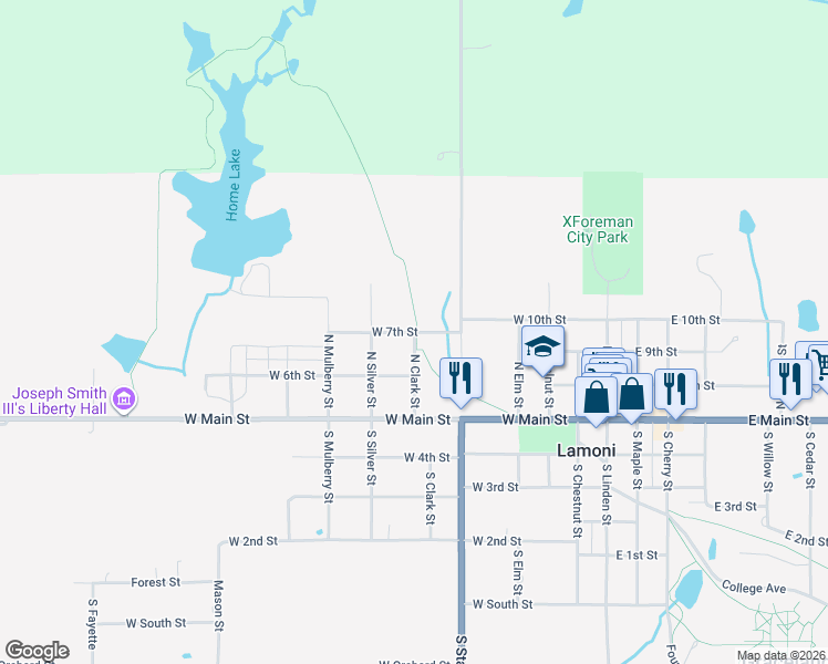 map of restaurants, bars, coffee shops, grocery stores, and more near 601 West 7th Street in Lamoni