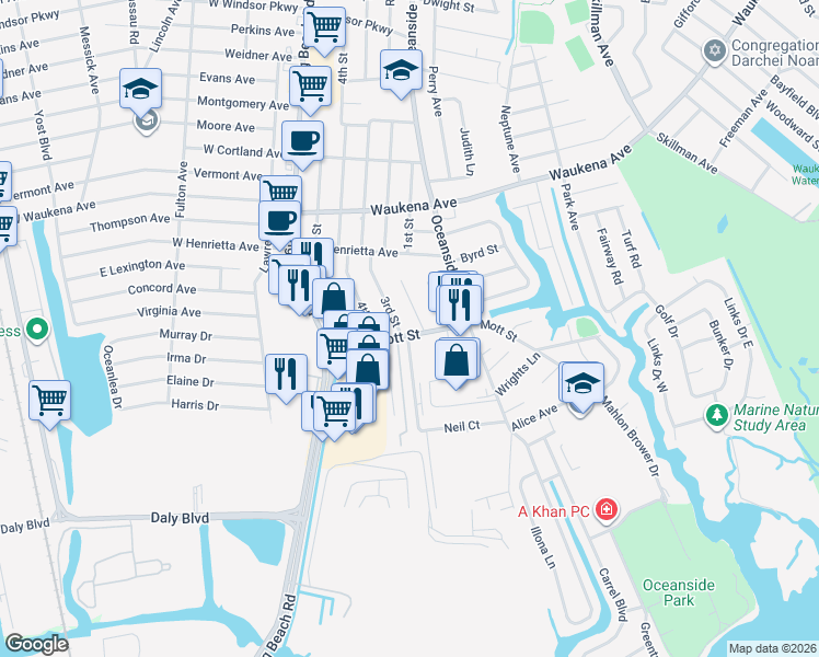 map of restaurants, bars, coffee shops, grocery stores, and more near 3 Mott Street in Oceanside