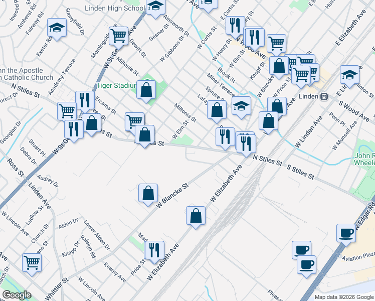 map of restaurants, bars, coffee shops, grocery stores, and more near 407 North Stiles Street in Linden