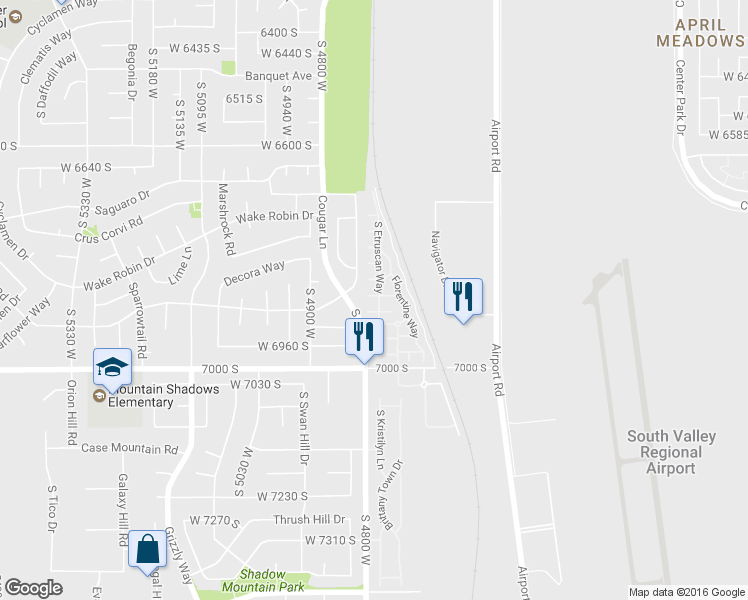map of restaurants, bars, coffee shops, grocery stores, and more near 4785 Arno Court in West Jordan