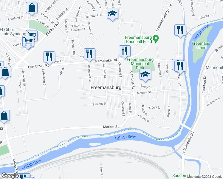 map of restaurants, bars, coffee shops, grocery stores, and more near 838 Kossuth Street in Freemansburg