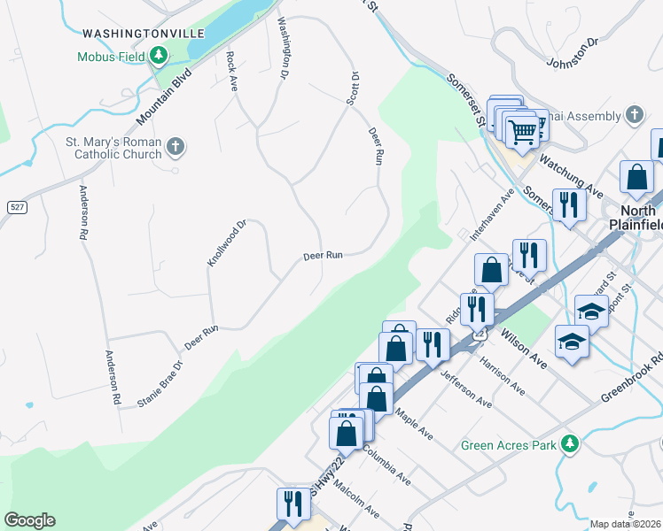 map of restaurants, bars, coffee shops, grocery stores, and more near 124 Deer Run in Watchung