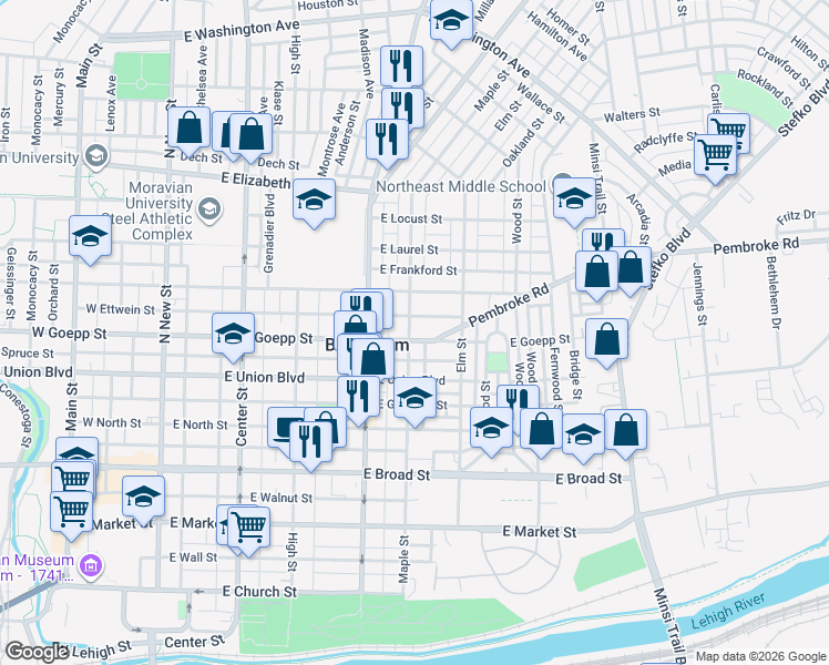 map of restaurants, bars, coffee shops, grocery stores, and more near in Bethlehem