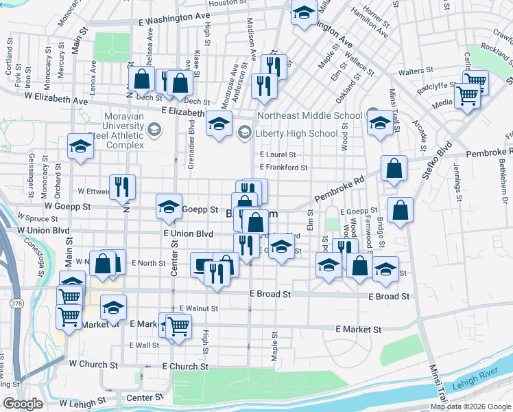 map of restaurants, bars, coffee shops, grocery stores, and more near 906 Linden Street in Bethlehem