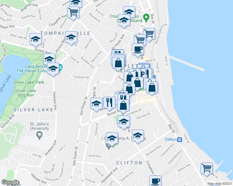 map of restaurants, bars, coffee shops, grocery stores, and more near 1 Court Street in Staten Island