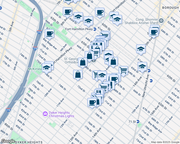 map of restaurants, bars, coffee shops, grocery stores, and more near 1144 68th Street in Brooklyn