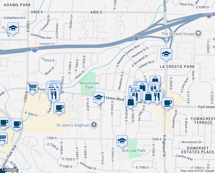 map of restaurants, bars, coffee shops, grocery stores, and more near 1731 East 6890 South in Cottonwood Heights