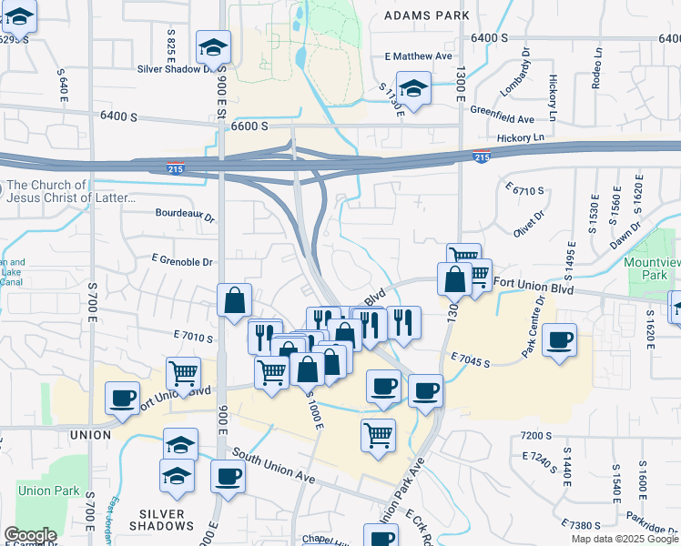 map of restaurants, bars, coffee shops, grocery stores, and more near 6888 Countrywoods Circle in Cottonwood Heights