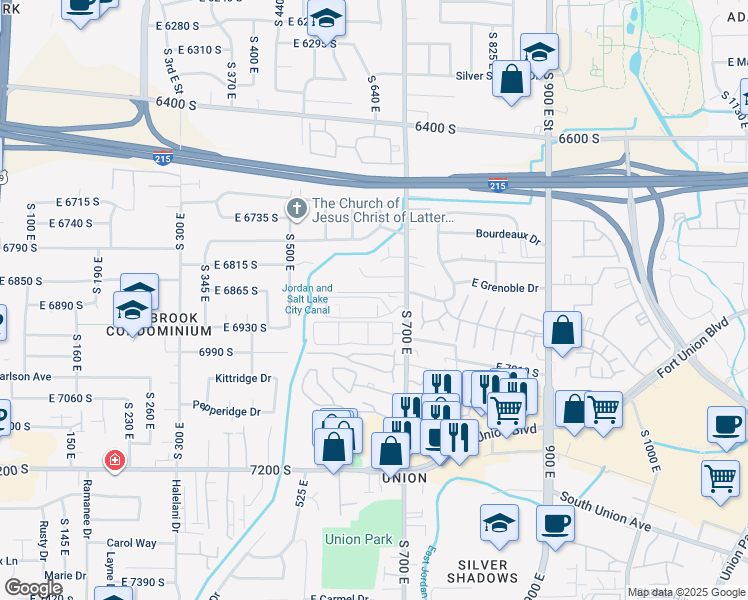 map of restaurants, bars, coffee shops, grocery stores, and more near 6894 670 East in Midvale