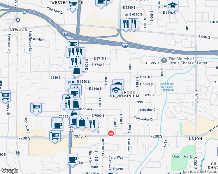 map of restaurants, bars, coffee shops, grocery stores, and more near 6891 South 190 East in Midvale
