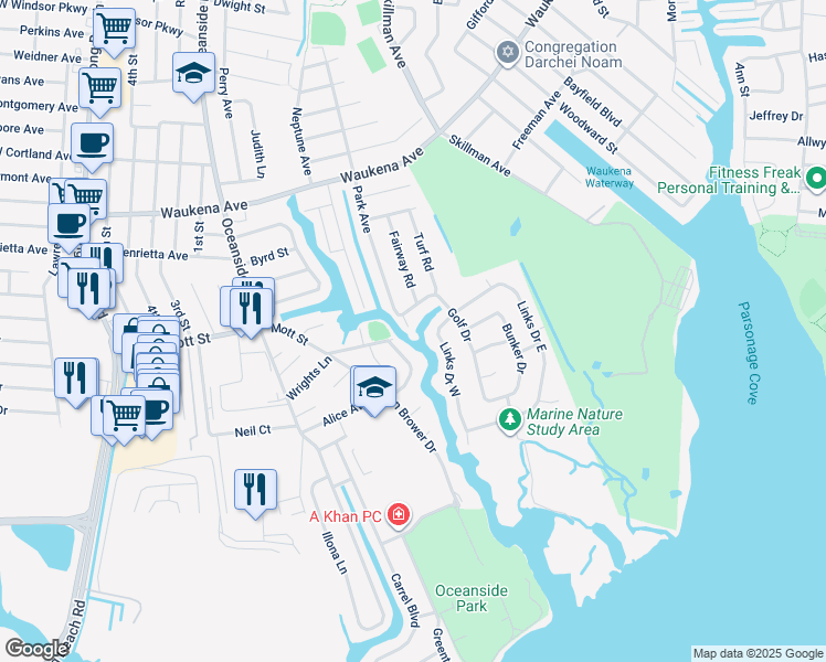 map of restaurants, bars, coffee shops, grocery stores, and more near 305 Links Drive West in Oceanside