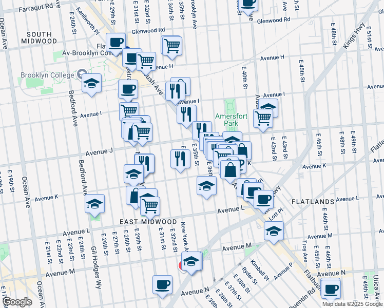 map of restaurants, bars, coffee shops, grocery stores, and more near 1217 East 34th Street in Brooklyn