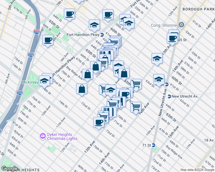 map of restaurants, bars, coffee shops, grocery stores, and more near 6714 12th Avenue in Brooklyn